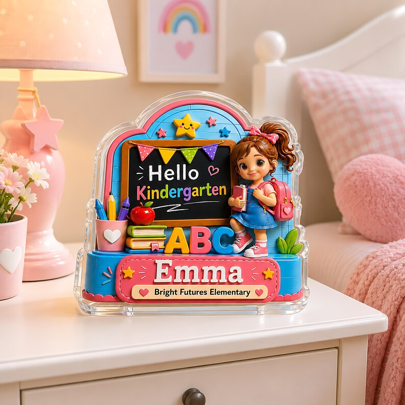 Personalized Kindergarten Acrylic Block, Custom Name Hello Kindergarten Sign, Back to School Gift, First Day of School Desk Decor for Girls