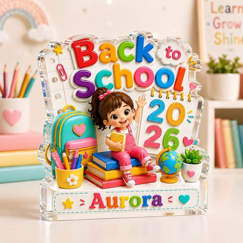 Personalized Back to School Acrylic Block, Custom Name First Day of School Gift, Kindergarten Girl Desk Decor, 2026 School Keepsake for Kids