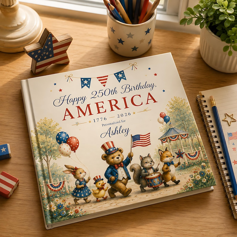 Personalized America 250th Birthday Book for Kids, Custom Name Patriotic Storybook, USA Independence Day Keepsake Gift for Children