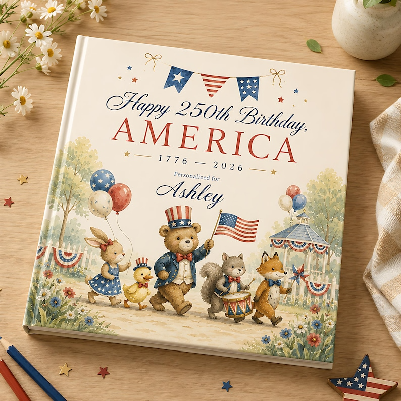 Personalized America 250th Birthday Book for Kids, Custom Name Patriotic Storybook, USA Independence Day Keepsake Gift for Children