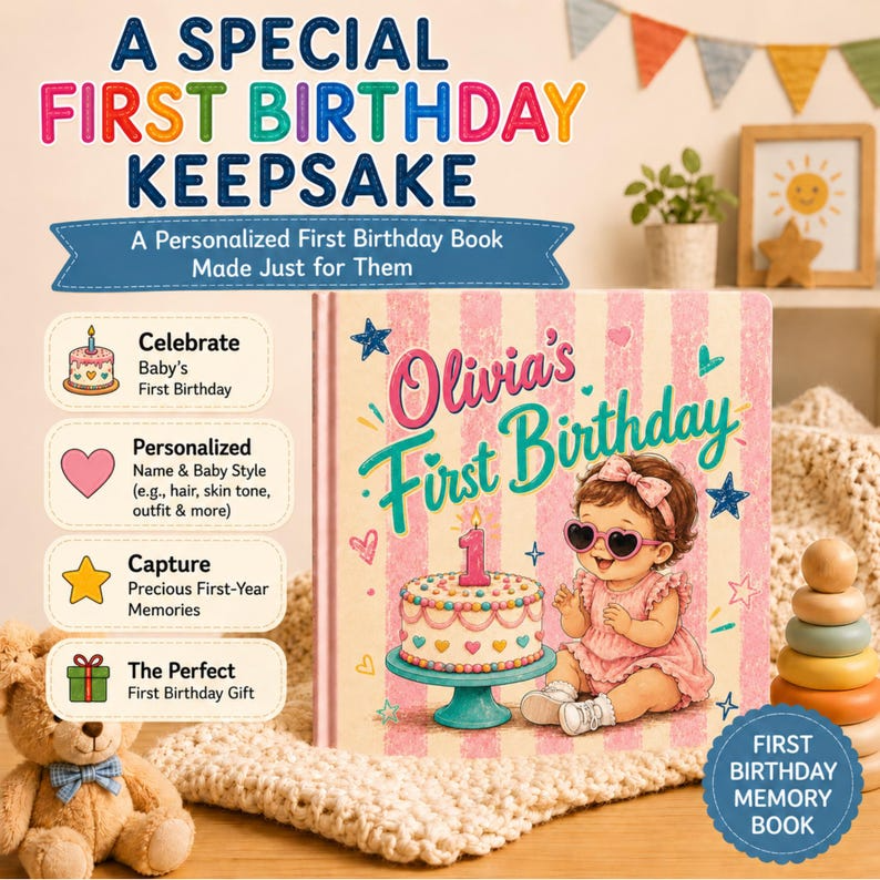Personalized First Birthday Book, Custom Baby Name and Appearance Story, First Birthday Memory Book, 1st Birthday Keepsake Gift