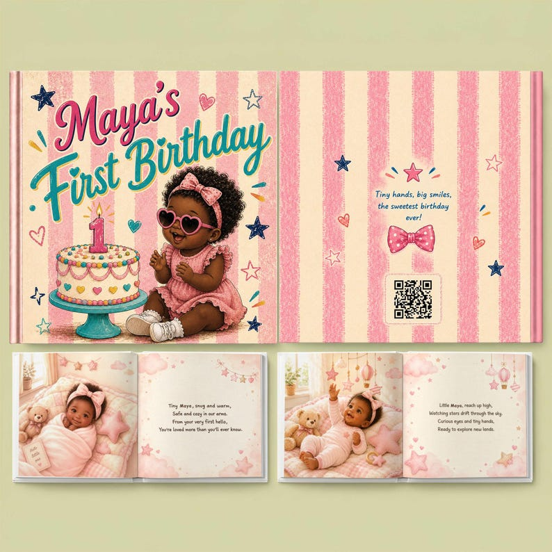 Personalized First Birthday Book | Custom Black Baby Girl Name &amp; Appearance Story | Gift From Aunt, Grandma, Godmom