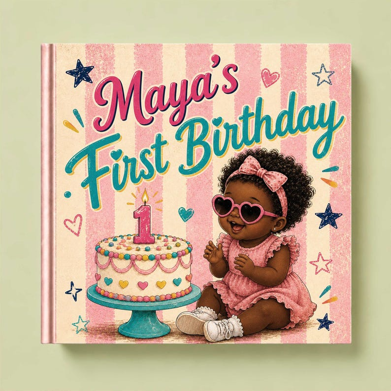 Personalized First Birthday Book | Custom Black Baby Girl Name &amp; Appearance Story | Gift From Aunt, Grandma, Godmom