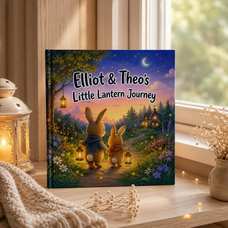 Personalized Sibling Bedtime Story Book, Custom Two Child Names Bunny Lantern Adventure, Nighttime Keepsake Gift for Brothers and Sisters!