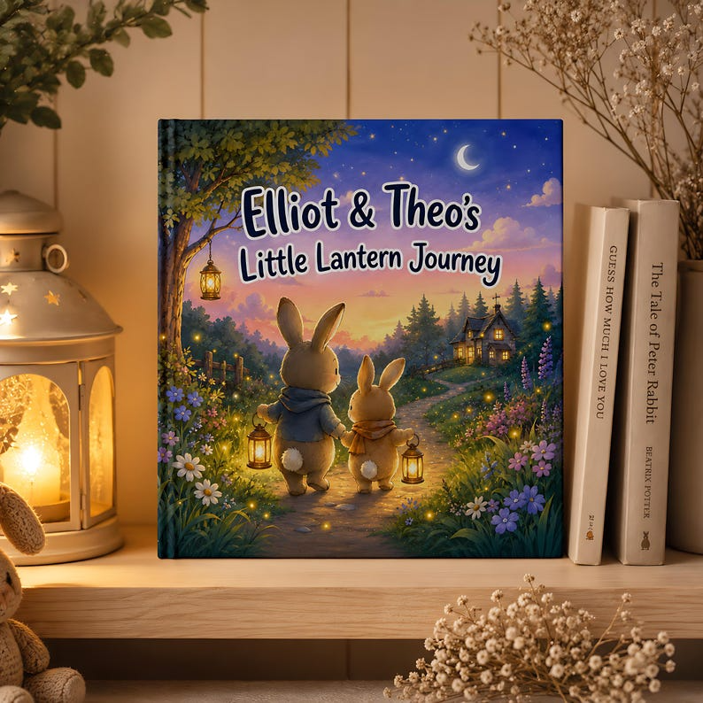 Personalized Sibling Bedtime Story Book, Custom Two Child Names Bunny Lantern Adventure, Nighttime Keepsake Gift for Brothers and Sisters!
