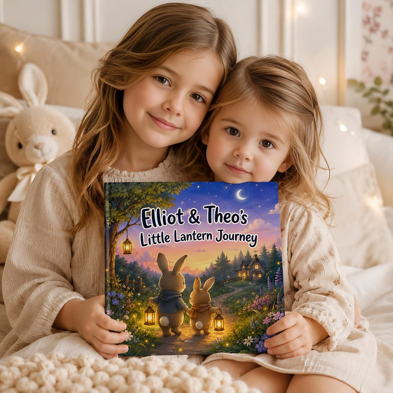 Personalized Sibling Bedtime Story Book, Custom Two Child Names Bunny Lantern Adventure, Nighttime Keepsake Gift for Brothers and Sisters!