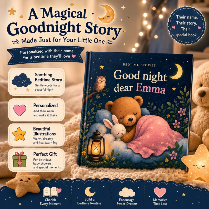 Personalized Bedtime Story Book with Name | Custom Baby Shower Gift | 1st First Birthday Boy Girl Grandchild | Newborn Keepsake