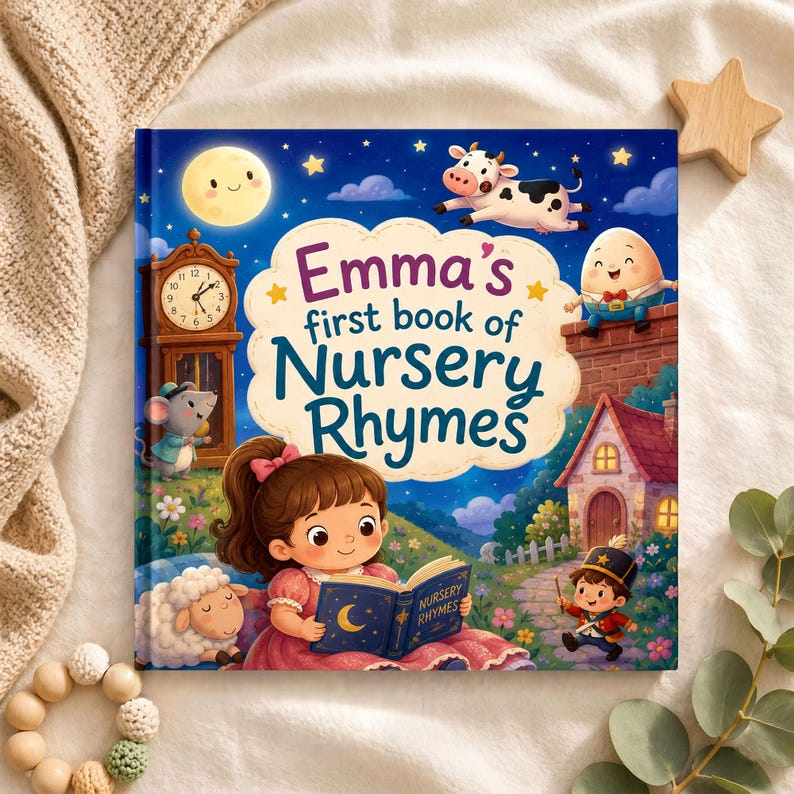 Custom Baby Name Book of Nursery Rhymes, Personalized Bedtime Storybook, Unique Baby Shower Gift, First Birthday Keepsake for Boy or Girl