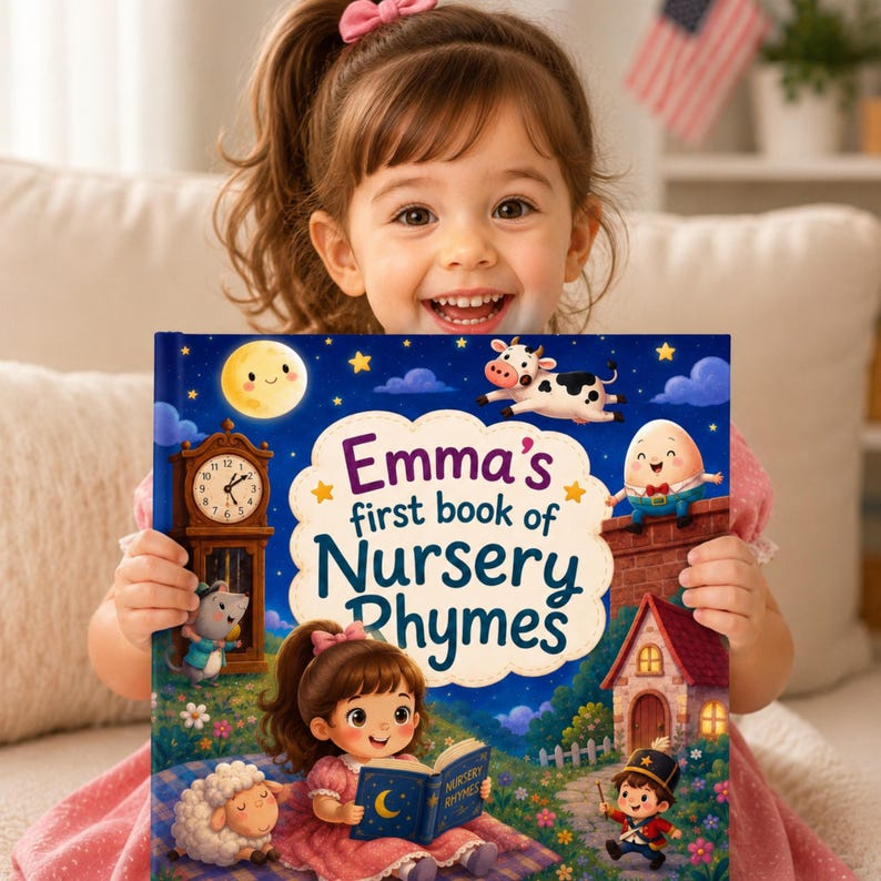 Custom Baby Name Book of Nursery Rhymes, Personalized Bedtime Storybook, Unique Baby Shower Gift, First Birthday Keepsake for Boy or Girl