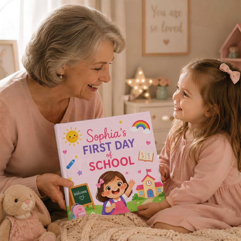 Custom First Day of School Book Personalized Back to School Gift for Boy Girl Pre-K Kindergarten Children's Storybook with Name Grandchild