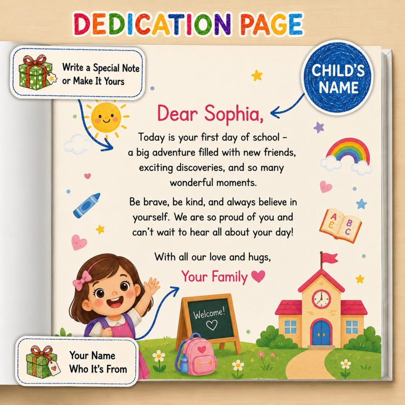Custom First Day of School Book Personalized Back to School Gift for Boy Girl Pre-K Kindergarten Children's Storybook with Name Grandchild