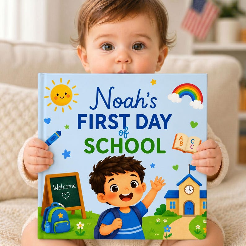 Personalized First Day of School Book for Boys | Custom School Memory Book | Back to School Keepsake Gift for Kids | Child Name Book