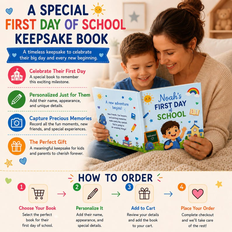 Personalized First Day of School Book for Boys | Custom School Memory Book | Back to School Keepsake Gift for Kids | Child Name Book