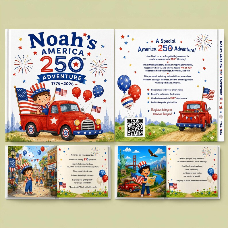 Custom Kids Adventure Book with Name, America 250 Storybook, Personalized Character Gift Boy Girl Toddler, Custom Birthday Keepsake