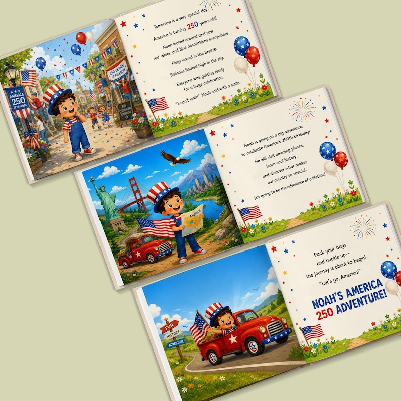 Custom Kids Adventure Book with Name, America 250 Storybook, Personalized Character Gift Boy Girl Toddler, Custom Birthday Keepsake