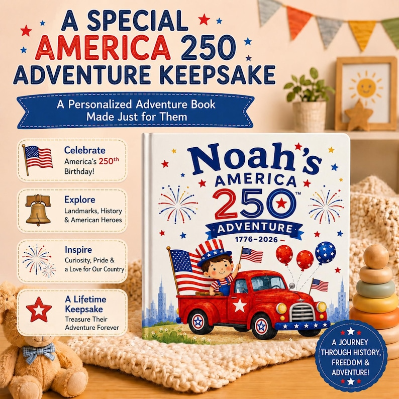 Custom Kids Adventure Book with Name, America 250 Storybook, Personalized Character Gift Boy Girl Toddler, Custom Birthday Keepsake