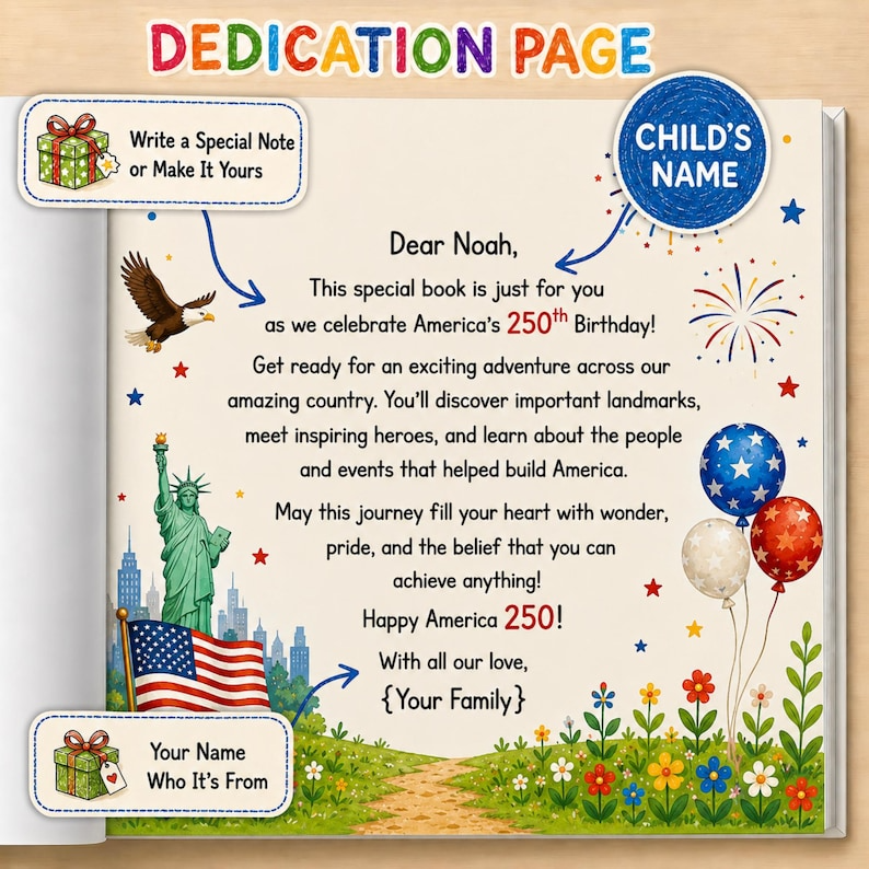 Custom Kids Adventure Book with Name, America 250 Storybook, Personalized Character Gift Boy Girl Toddler, Custom Birthday Keepsake