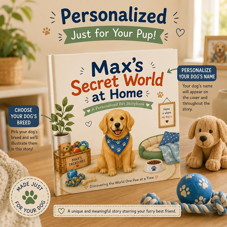 Personalized Dog Secret World at Home Book, Custom Dog Name &amp; Breed Storybook, Cozy Pet Adventure Gift for Dog Lovers