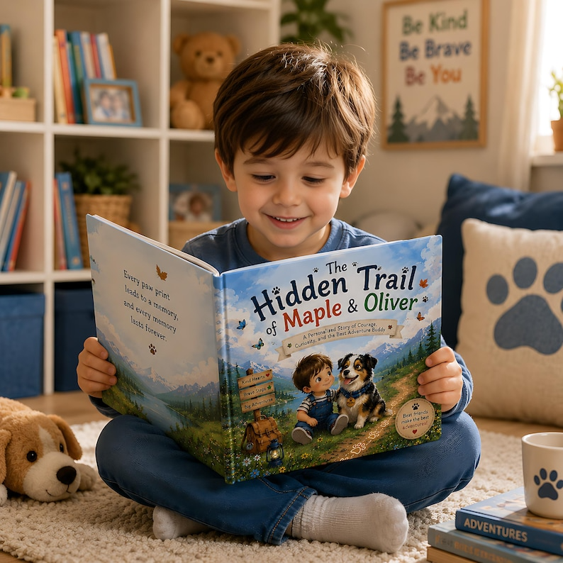 Personalized Kid &amp; Dog Adventure Book, Custom Child Name - Dog Breed Storybook, Friendship Trail Keepsake Gift for Kids Families