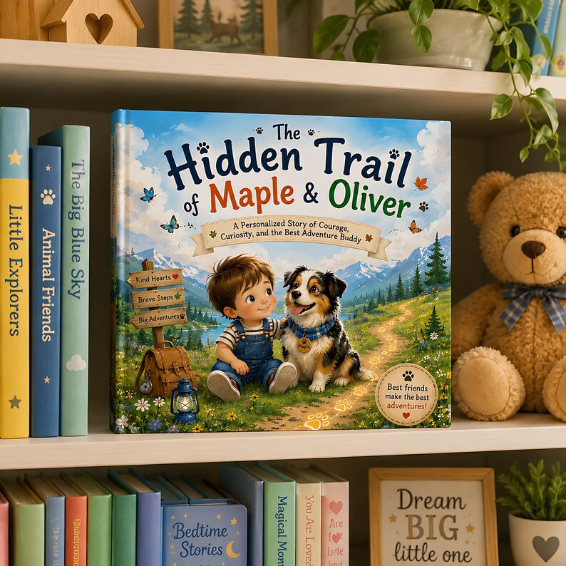 Personalized Kid &amp; Dog Adventure Book, Custom Child Name - Dog Breed Storybook, Friendship Trail Keepsake Gift for Kids Families