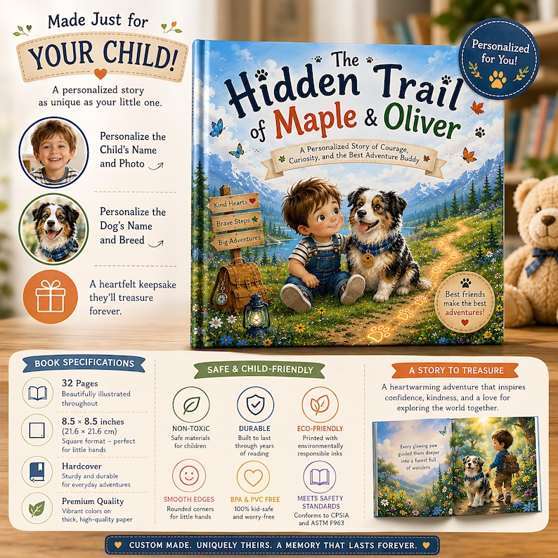 Personalized Kid &amp; Dog Adventure Book, Custom Child Name - Dog Breed Storybook, Friendship Trail Keepsake Gift for Kids Families