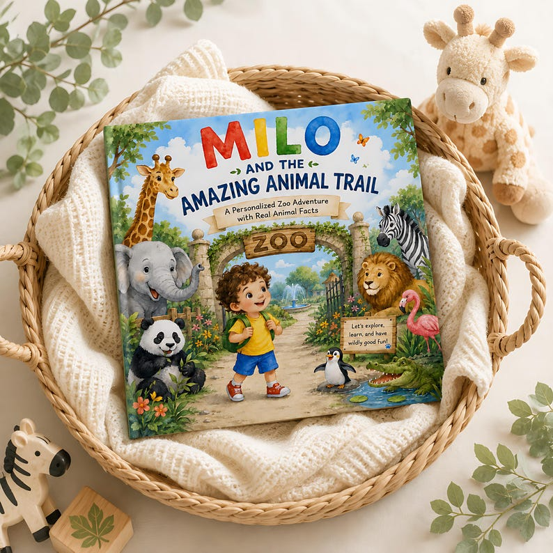 Personalized Zoo Adventure Book for Kids, Custom Name &amp; Photo Animal Storybook, Learn Real Animal Facts, Wildlife Gift for Kids