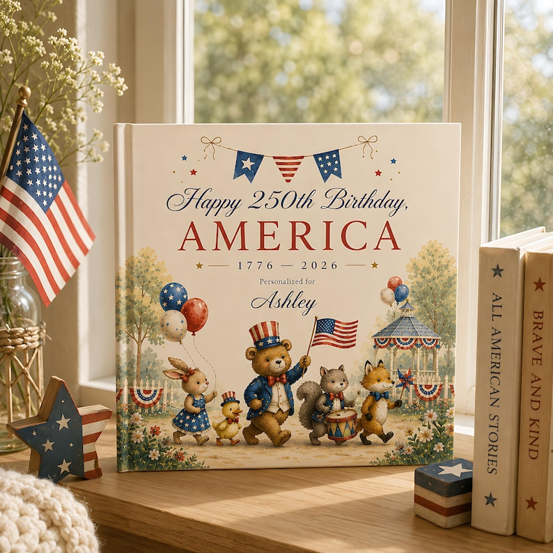 Personalized America 250th Birthday Book for Kids, Custom Name Patriotic Storybook, USA Independence Day Keepsake Gift for Children