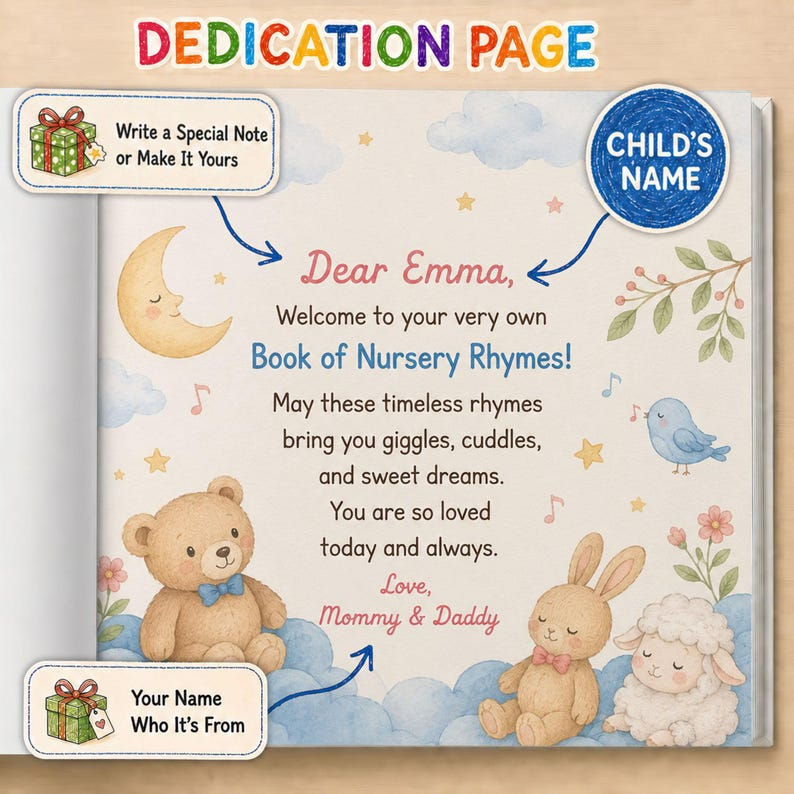Custom Baby Name Book of Nursery Rhymes, Personalized Bedtime Storybook, Unique Baby Shower Gift, First Birthday Keepsake for Boy or Girl