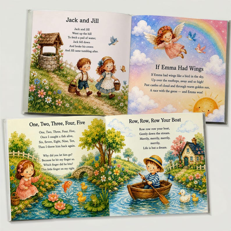 Custom Baby Name Book of Nursery Rhymes, Personalized Bedtime Storybook, Unique Baby Shower Gift, First Birthday Keepsake for Boy or Girl