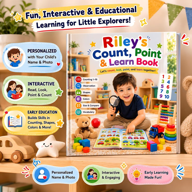 Personalized Count Point Learn Book, Custom Name &amp; Photo Early Learning Storybook, Interactive Toddler Activity Gift for Kids Ages 2-6 Play