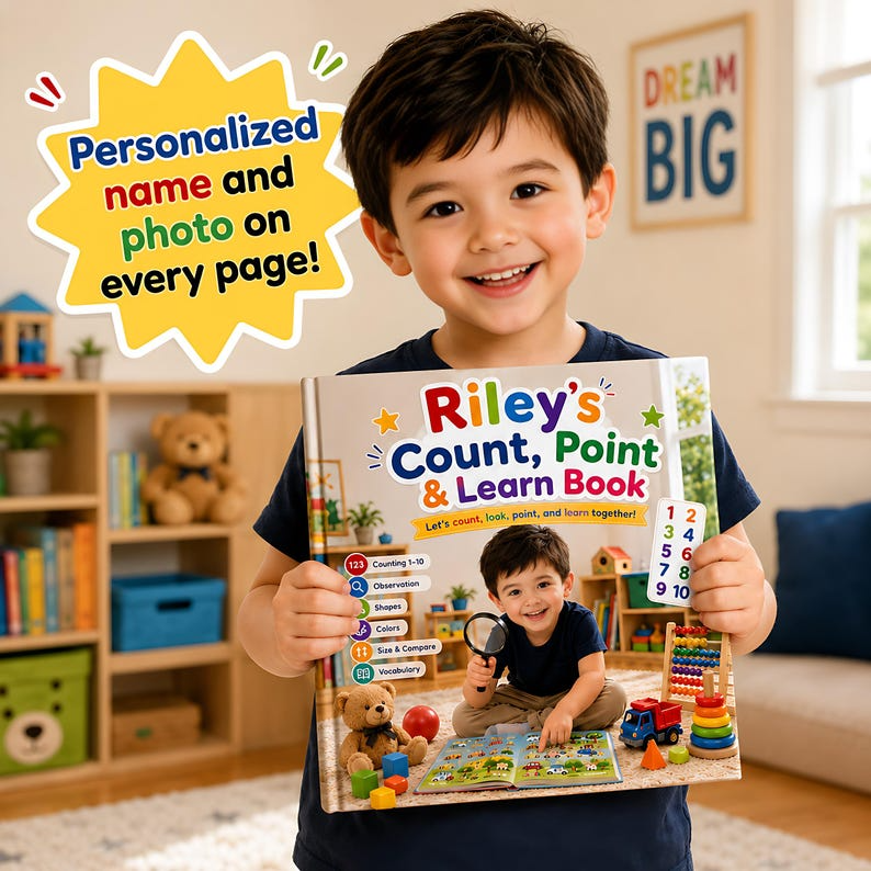 Personalized Count Point Learn Book, Custom Name &amp; Photo Early Learning Storybook, Interactive Toddler Activity Gift for Kids Ages 2-6 Play