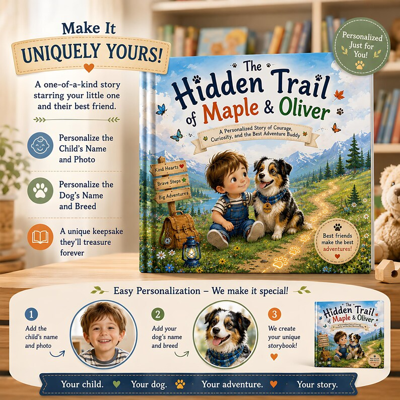 Personalized Kid &amp; Dog Adventure Book, Custom Child Name - Dog Breed Storybook, Friendship Trail Keepsake Gift for Kids Families