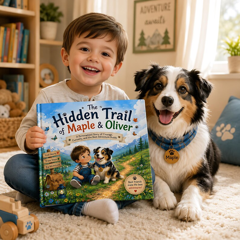 Personalized Kid &amp; Dog Adventure Book, Custom Child Name - Dog Breed Storybook, Friendship Trail Keepsake Gift for Kids Families