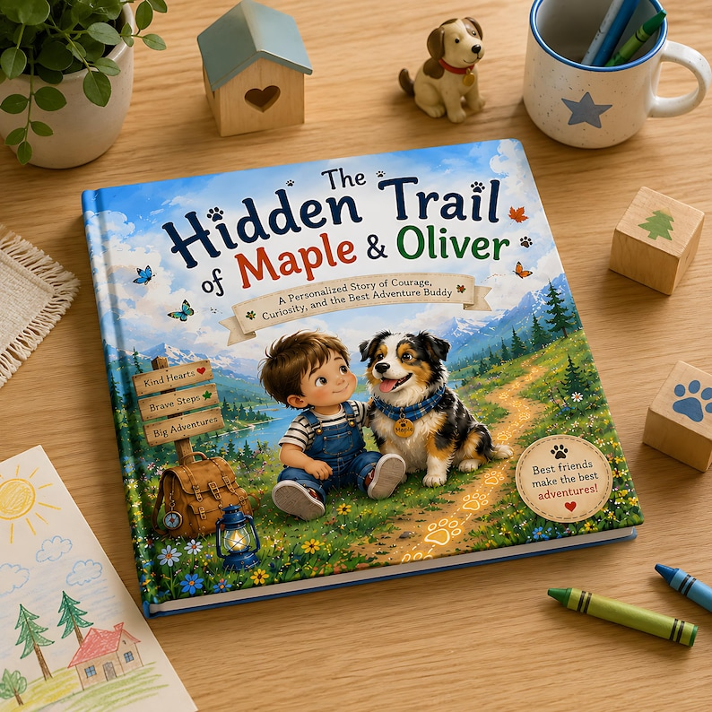 Personalized Kid &amp; Dog Adventure Book, Custom Child Name - Dog Breed Storybook, Friendship Trail Keepsake Gift for Kids Families