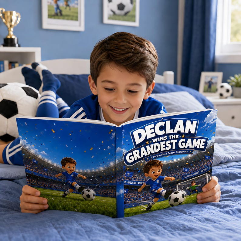 Personalized Soccer Story Book for Kids, Custom Name &amp; Photo Football Adventure Book, Choose Team Jersey Color, Soccer Player Gift