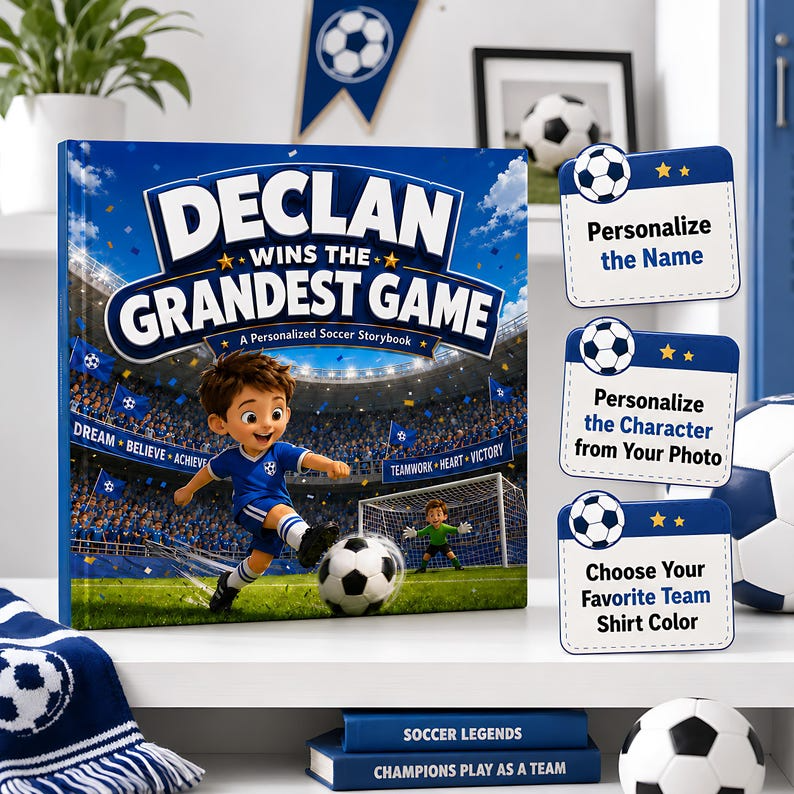 Personalized Soccer Story Book for Kids, Custom Name &amp; Photo Football Adventure Book, Choose Team Jersey Color, Soccer Player Gift