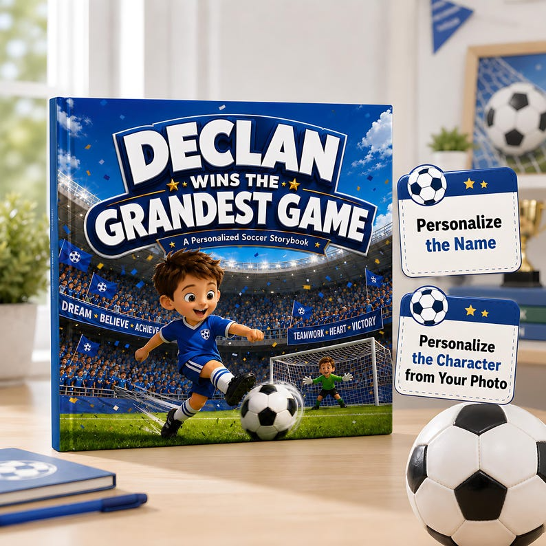Personalized Soccer Story Book for Kids, Custom Name &amp; Photo Football Adventure Book, Choose Team Jersey Color, Soccer Player Gift