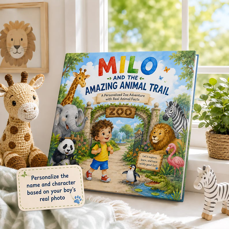 Personalized Zoo Adventure Book for Kids, Custom Name &amp; Photo Animal Storybook, Learn Real Animal Facts, Wildlife Gift for Kids
