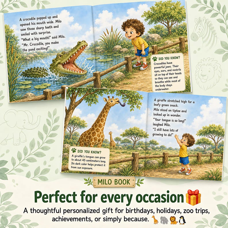 Personalized Zoo Adventure Book for Kids, Custom Name &amp; Photo Animal Storybook, Learn Real Animal Facts, Wildlife Gift for Kids
