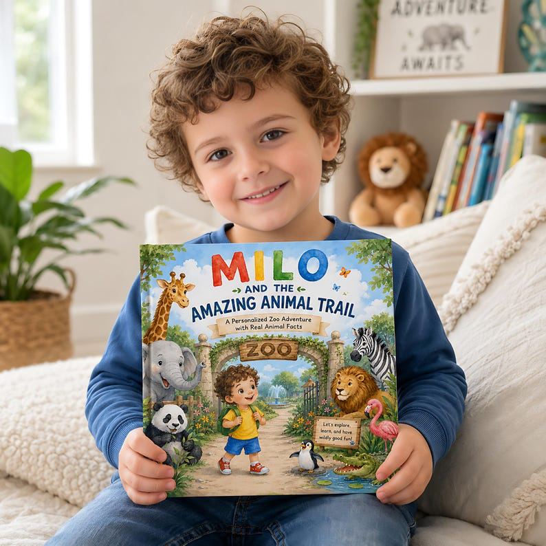 Personalized Zoo Adventure Book for Kids, Custom Name &amp; Photo Animal Storybook, Learn Real Animal Facts, Wildlife Gift for Kids