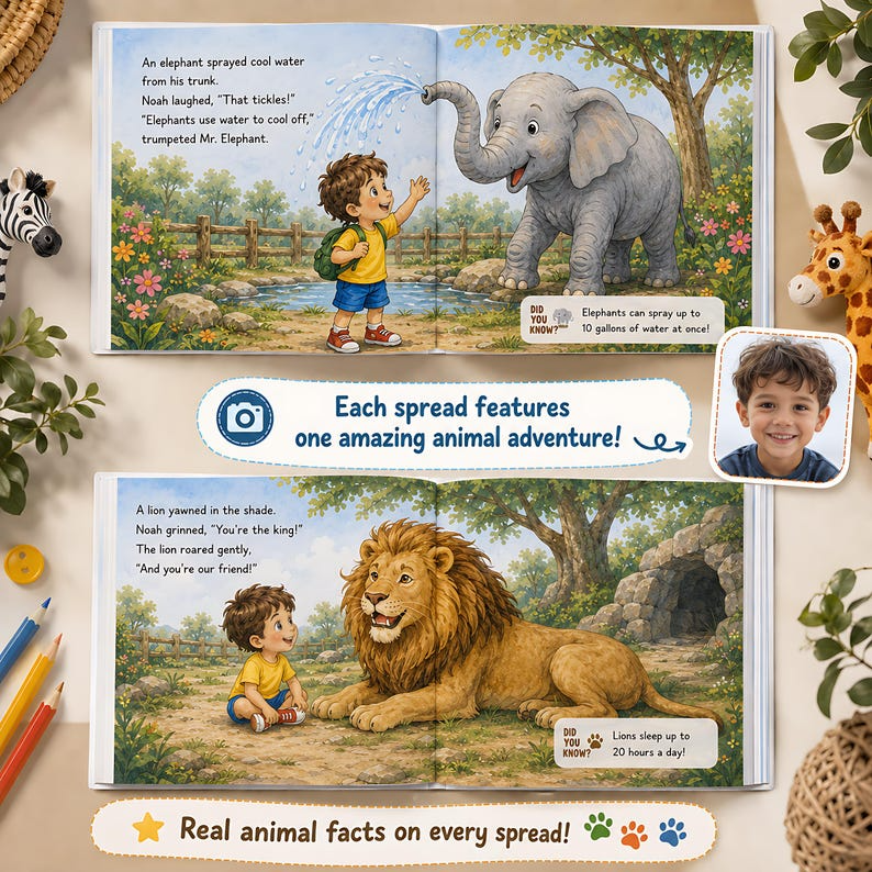 Personalized Zoo Adventure Book for Kids, Custom Name &amp; Photo Animal Storybook, Learn Real Animal Facts, Wildlife Gift for Kids