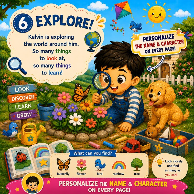 Personalized Spot &amp; Learn Quiet Book for Kids, Custom Name Search Find Activity Storybook, Counting Colors Vocabulary Gift for Toddlers 2-6