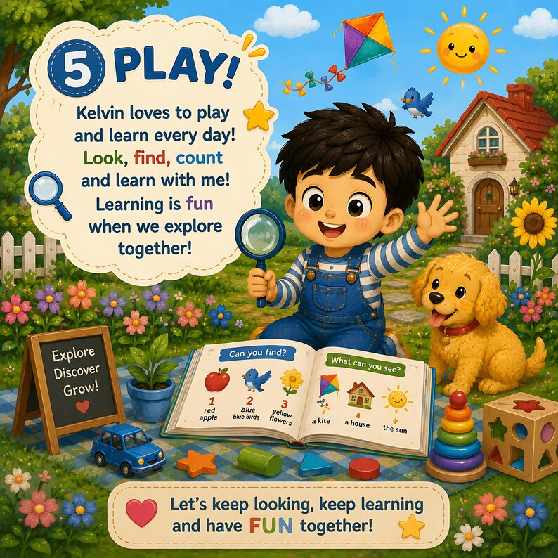 Personalized Spot &amp; Learn Quiet Book for Kids, Custom Name Search Find Activity Storybook, Counting Colors Vocabulary Gift for Toddlers 2-6