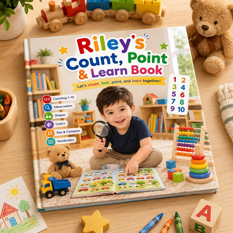 Personalized Count Point Learn Book, Custom Name &amp; Photo Early Learning Storybook, Interactive Toddler Activity Gift for Kids Ages 2-6 Play