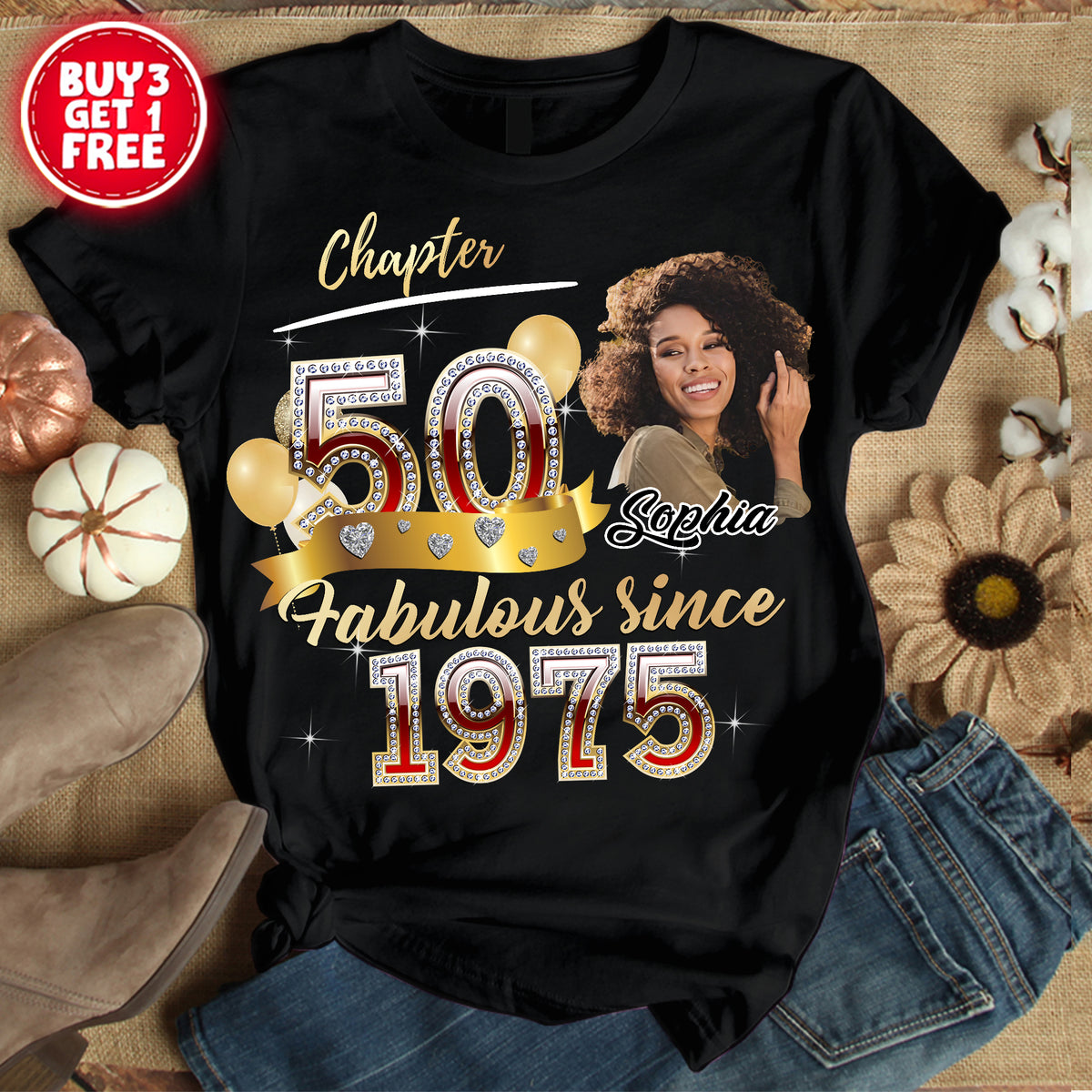 Custom Face Photo 50&#39;s Birthday Shirt, Fabulous Since 1975 50th Birthday Unique T Shirt For Woman, Custom Birthday Shirt, Her Gifts For 50 Years Old , Turning 50 Birthday Cotton Shirt-YPT-ALK