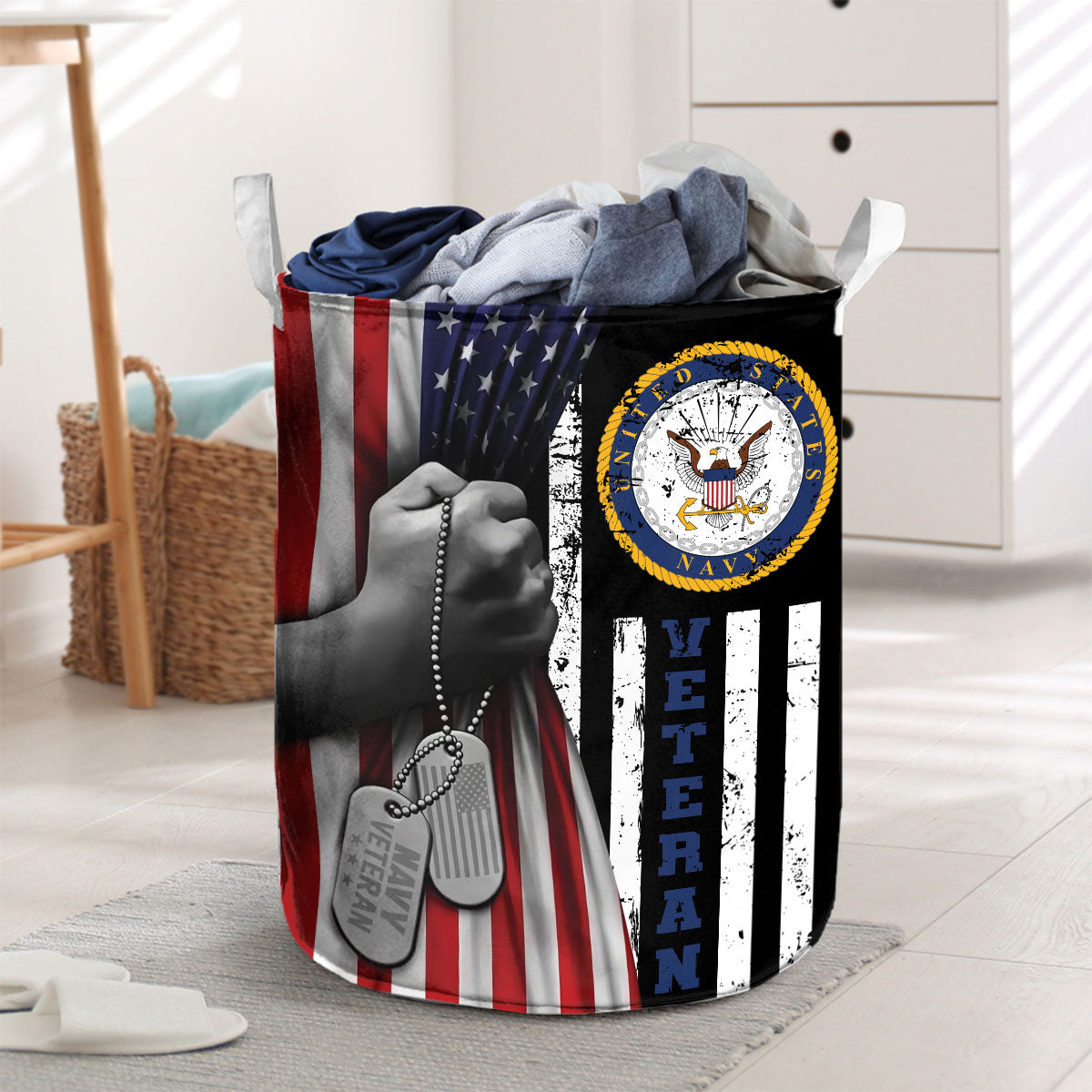 U.S. Navy Veteran US Flag Laundry Basket