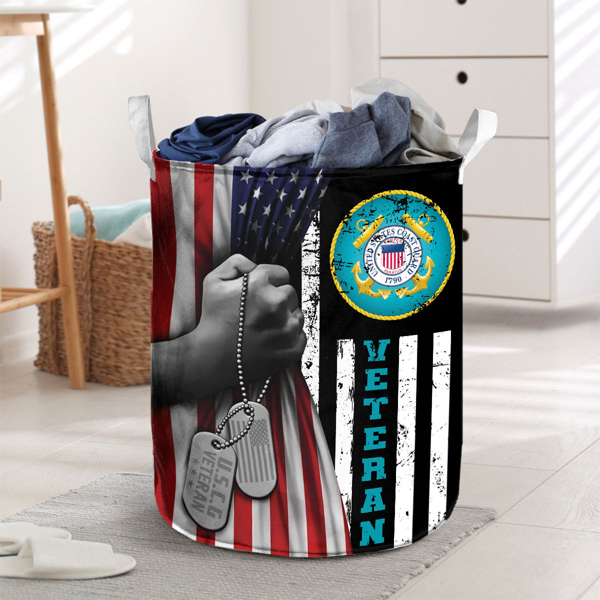 U.S. Coast Guard Veteran US Flag Laundry Basket