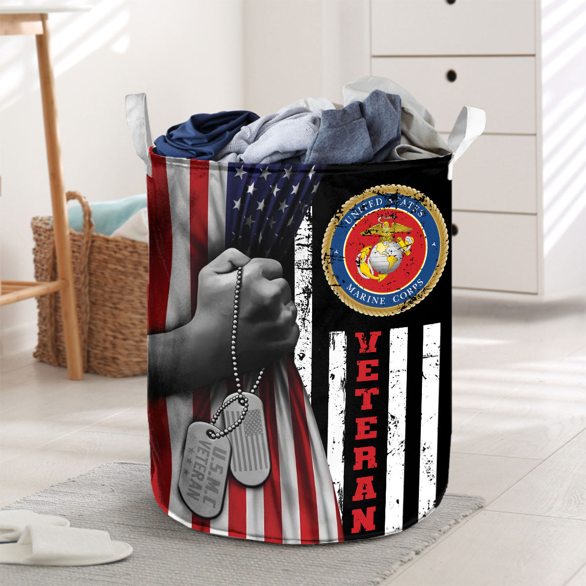 USMC Veteran US Flag Laundry Basket