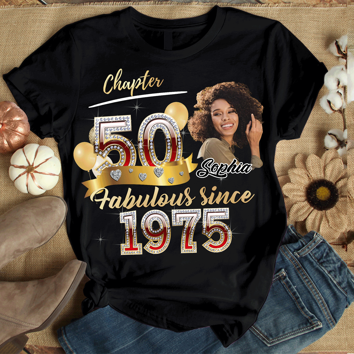 Custom Face Photo 50&#39;s Birthday Shirt, Fabulous Since 1975 50th Birthday Unique T Shirt For Woman, Custom Birthday Shirt, Her Gifts For 50 Years Old , Turning 50 Birthday Cotton Shirt-YPT-ALK