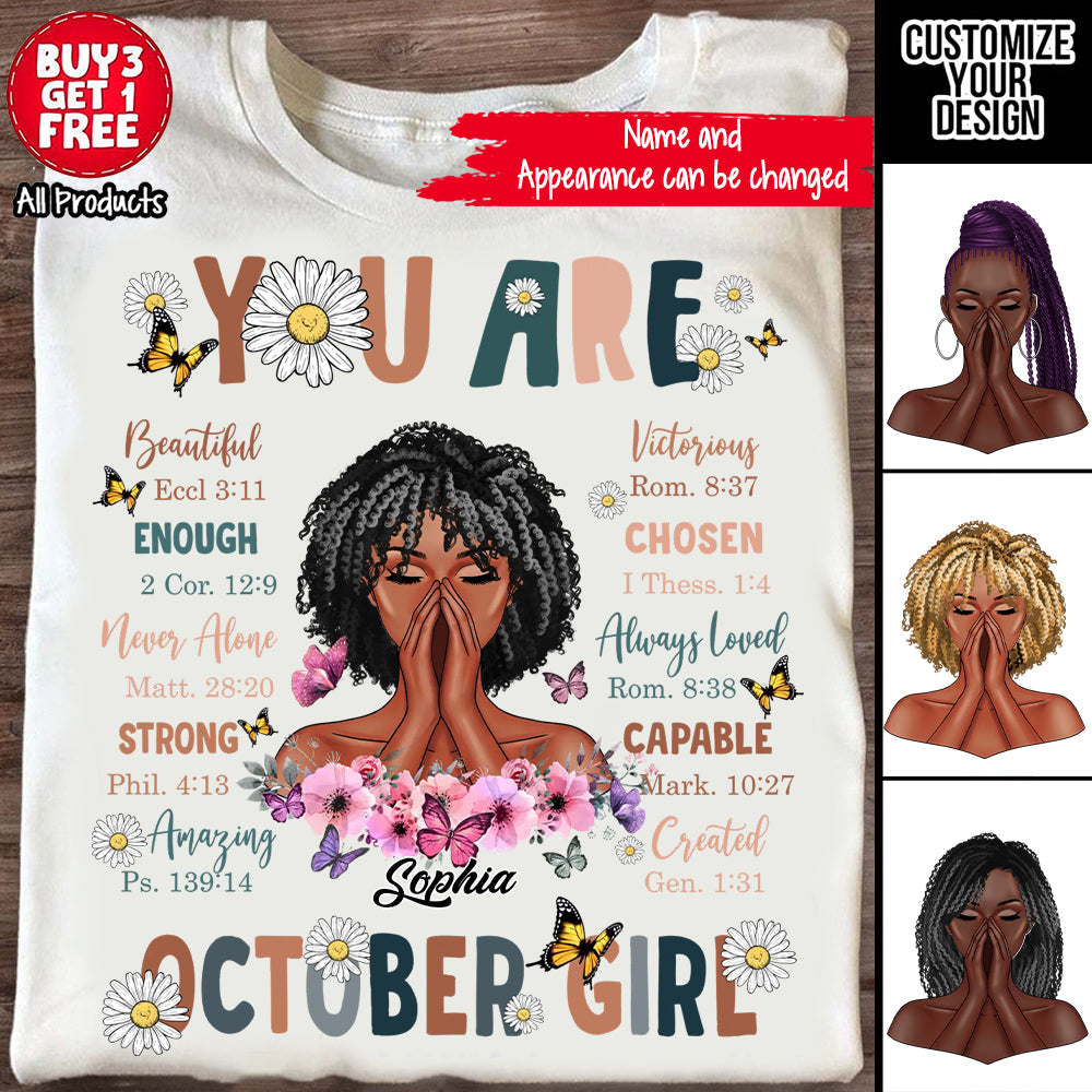 Custom October Birthday Shirt For Woman, Queens are Born In October Gifts, Melanin Afro Woman Shirt, Black Girl Tee, Afro Queen Gift-YPT-ALK